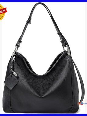 Genuine Leather Hobo Handbag with Adjustable Strap, Multiple Pockets